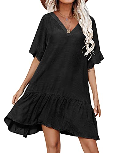 Aoulaydo Cover Ups for Swimwear Women Casual Loose Fitting Beach Dress V-Neck Bathing Suit Beachwear Black