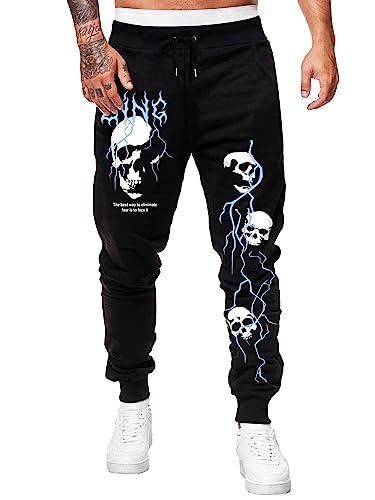 SOLY HUX Men's Graphic Skull Print Sweatpants Drawstring High Waisted Joggers Pants with Pocket Black Print M