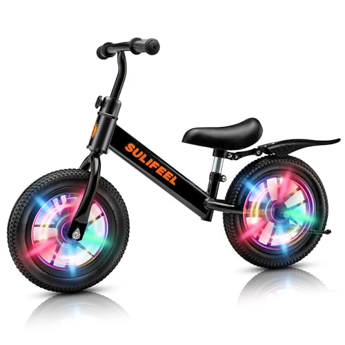 SULIFEEL Preschool Kids Light Up Wheels Toddler Balance Bike 1 2 3 4 5 Year Old, Adjustable Baby Children's Balance Bike,All Wheels Illuminating First Walking Bike Birthday Gift Toys - Black