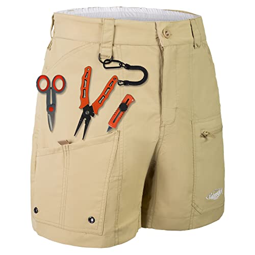 Palmyth 9 Pockets Men's Fishing Shorts 6.5” Quick-Drying Performance Cargo Traditional Short with Water Resistant for Saltwater Freshwater Sun Protection UPF 50+ (36, Khaki/Bass)