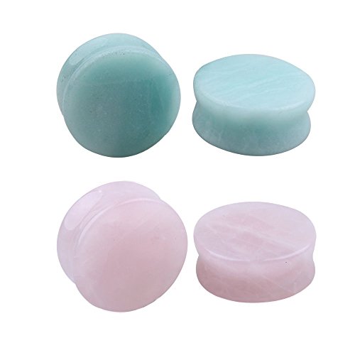NewZenro 2Pairs Rose Quartz Aventurine Natural Organic Stone Ear Plugs Gauges Tunnel Expanders Stretcher Double Flared Amazonite Flesh Piercings Body Jewelry Set (3/4'(19mm))