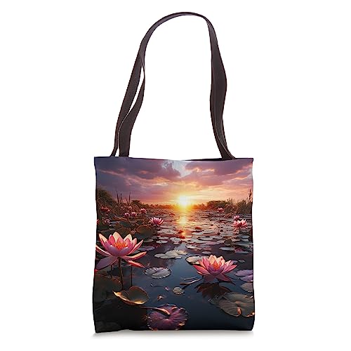 peaceful sunset with lily pads and pink lotus flower in pond Tote Bag
