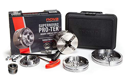 Nova 23108 Premier Pro-Tek Supernova 2 Chuck Bundle with Pro-Tek 2' Jaw Set, 4' Bowl Jaw Set, 5' Bowl Jaw Set, Woodworm Screw, Plastic Case & accessories, bundled with Nova IXNS 1' x 8tpi Insert