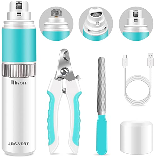JBONEST Dog Nail Grinder with Quite Low Noise for Large Medium Small Dogs and Cats, Highly Speeds Rechargeable Pet Claw Trimmer with Clipper and File