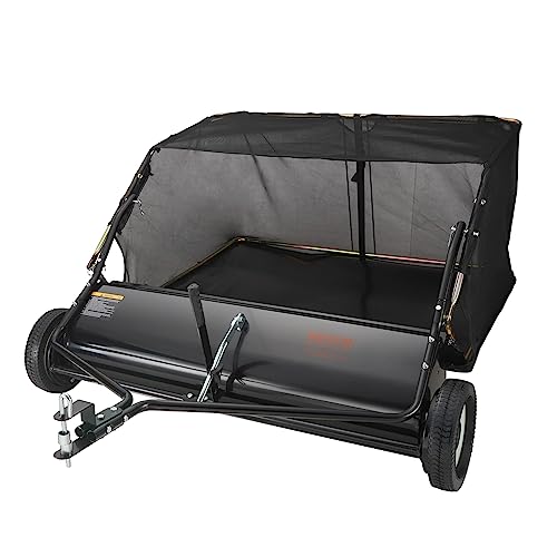 VEVOR Tow Behind Lawn Sweeper 42.5 Inch, 25 cu. ft Large Capacity Heavy Duty Leaf Collector with Adjustable Sweeping Height, Dumping Rope Design for Picking Up Debris and Grass, 44', Black