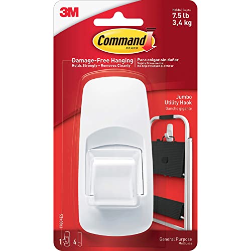 Command Jumbo Utility Hooks, Damage Free Hanging Wall Hooks with Adhesive Strips, No Tools Wall Hooks for Hanging Christmas Decorations, 1 White Hook and 4 Command Strips