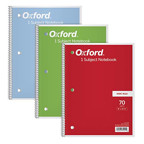 Oxford 1-Subject Notebooks, 8' x 10-1/2', Wide Rule, 70 Sheets, 3 Pack, Color Assortment May Vary (65029)