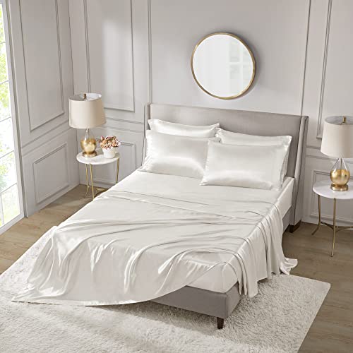 Madison Park Essentials Satin Sheets Queen Size, Luxurious Silky Satin Bed Sheets, Elastic 14' Pocket fits up to 16' Mattress, Wrinkle-Free, Soft Satin Bed Sheet Set, Ivory 6 Piece