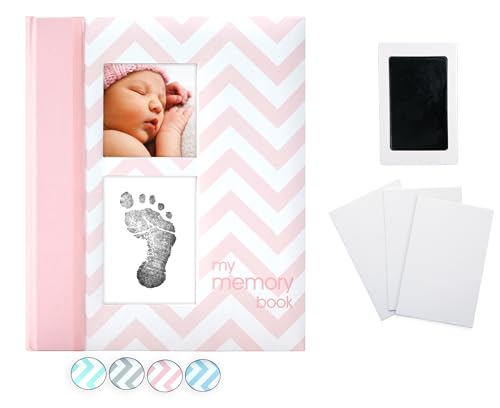 Pearhead Baby Memory Book, First 5 Years Baby Milestone Book, Pregnancy Journal, Gender Neutral Newborn Keepsake, With Clean-Touch Ink Pad For Baby's Handprint or Footprint, Pink Chevron