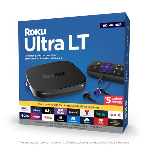 Roku Ultra LT 4K/HDR/HD Streaming Player with Enhanced Voice Remote, Ethernet, MicroSD with Premium 6FT 4K Ready HDMI Cable, Black