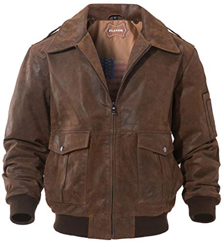 FLAVOR Men's Leather Flight Bomber Jacket Air Force Aviator (X-Large, Brown)