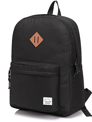 VASCHY Lightweight Backpack for School, Classic Basic Water Resistant Casual Daypack for Travel with Bottle Side Pockets (Black)