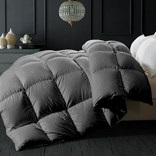 ELNIDO QUEEN Goose Feather Down Comforter Queen Size - Grey Down Duvet Insert - Luxurious Fluffy Hotel Style Bedding Comforter - 100% Cotton Cover All Season Medium Warmth - Queen Size (90x90 Inch)