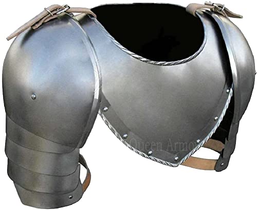 Queen Armour Medieval Iron Gorget Spaulders Arm Shoulder Set Viking Crusader Pauldrons Armor Silver Knight Armor Chainmail Shirt Medieval