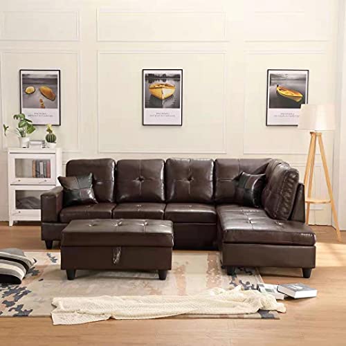 GINGVAT 3 PC Faux Leather Sectional Sofa Furniture Set, L-Shape Couch with Right Chaise, Storage Ottoman and 2 Pillows for Apartment Home Hotel，Easy Assembly Required,Brown