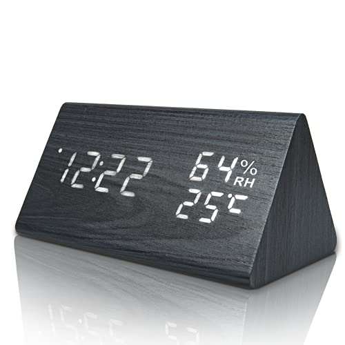 everwood Digital Alarm Clocks Wooden LED Time Display for Bedrooms with Humidity&Temperature Detect