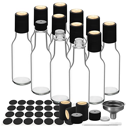 WERTIOO 12 PCS 5 OZ Hot Sauce Bottles, Glass Bottle Clear Mini Liquor Bottles Small Wine Bottles with Airtight Plastic Screw Cap Shrink Capsule