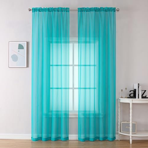 OVZME Turquoise Sheer Curtains 2 Panel Sets 84' Inch Length - Transparent Light Weight Soft Window Panels for Study Room/Living Room/Bedroom, Per Panel W42 X L84 inches, 1 Pair