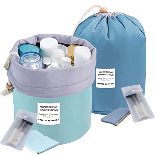 INVODA 2PCS Travel Cosmetic Bag Makeup Organizer Bag Bathroom Cases Toiletry Bag with Drawstring (Green+Blue)