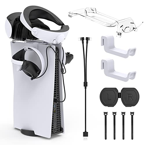 FASTSNAIL VR2 Headset Stand Controllers Holder for PSVR2, Settled on PS5 Console, Display Stand with Lens Cover, Hanger Hook, 2 in 1 Charging Cable and Velcro Straps for PS5 VR2 Gaming Accessories