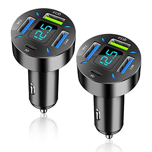 2Pcs Car Charger 66W Super Fast Charging with USB C&QC 3.0(Voltmeter&LED Lights) Universal Quick Charge for 12-24V Car Cigarette Lighter Plug,Compatible with iPhone 14 13,S22,iPad (BK351-2Pcs)