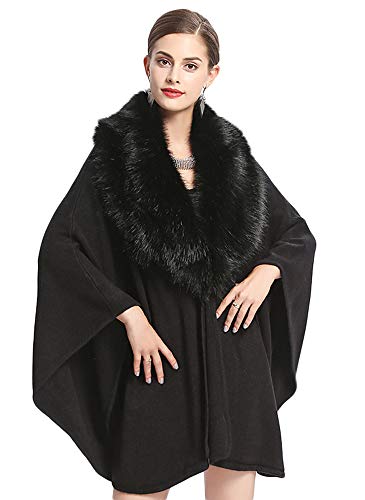 Newdeve Knitted Faux Fur Winter Fall Warm Bridal Cape Shawls Open Wraps Plus Sizes Sweater Evening Party Cloaks (Standard, Black)