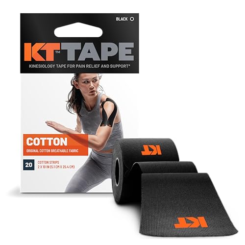 KT Tape, Original Cotton, Elastic Kinesiology Athletic Tape, 20 Count, 10” Precut Strips, Black