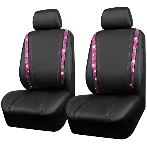 CAR PASS Leather Diamond Bling Car Seat Covers 2 Front Interior Sets, Waterproof Universal Shining Glitter Crystal Sparkle Fit for Automotive Truck SUV Cute Women Girl, Black Pink Rhinestones