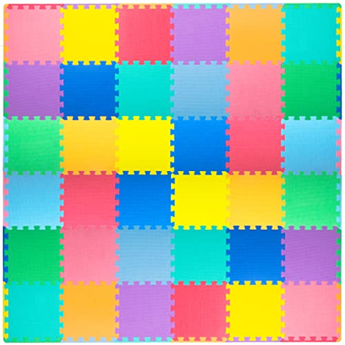 ProSource Foam Puzzle Floor Play Mat for Kids and Babies with Solid Colors, 36 or 16 Interlocking Tiles with Borders, Assorted