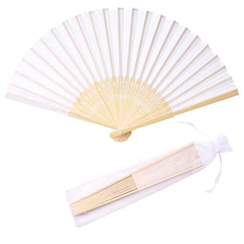 SL crafts 24pcs White Imitated Silk Hand Fan Imitated Silk Fabric Bamboo Handheld Folded Fan Bridal Dancing Props Church Wedding Party Favors with Gift Bags (White)