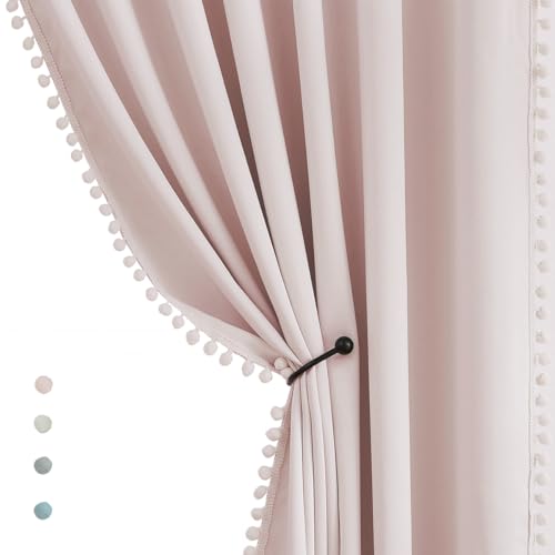 Pompom Blackout Curtains for Bedroom Pink Girls 84 inch Energy Efficient Thermal Insulated Living Room Darkening Curtain Panels for Kitchen Nursery Room 52' w x2 Panels Rod Pocket