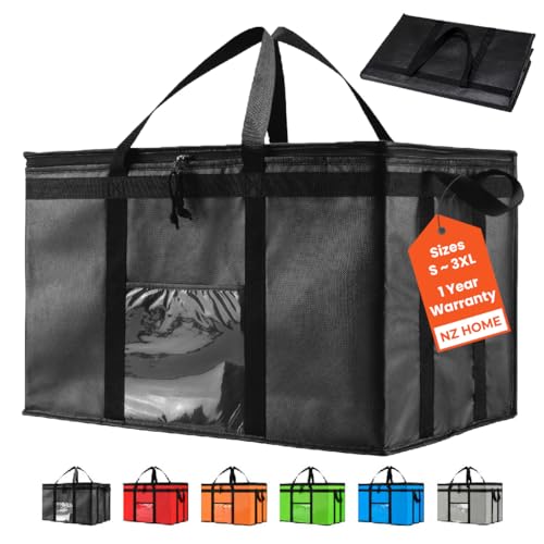 NZ Home 3XL Insulated Cooler Bag and Food Warmer for Food Delivery & Grocery Shopping with Zippered Top, Black (1 Pack)