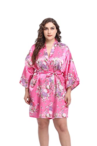 Womens Short Plus Size Satin Kimono Robes Soft Floral Robes Wedding Party Silky Sleepwear Bathrobes Pink 3X/4X