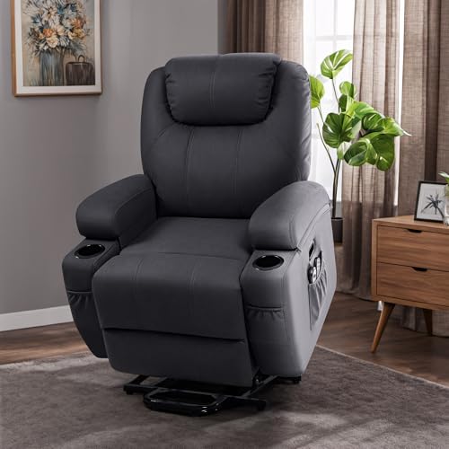 Flamaker Power Lift Recliner Chair PU Leather for Elderly with Massage Ergonomic Lounge Chair Classic Single Sofa with 2 Cup Holders Side Pockets Home Theater Seat (Massage, Navy Blue)