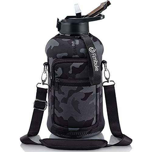 Fimibuke Half Gallon Water Bottle with Sleeve 64 OZ Water Bottle with Handle & Straw Leakproof Motivational Sports Gym Water Bottle with Time Marker BPA Free Water Jug with Neoprene Holder - Camo