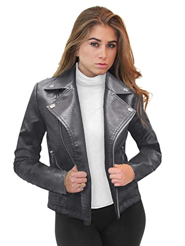 Olivia Miller Women's Faux Leather Jacket Long Sleeve Zip Fitted Slim Jacket JK5208 GRAY S