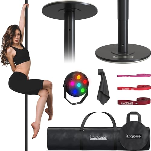 ILOGICASE Spinning Dancing Pole for Home | Portable and Heavy Duty 45mm Dance Pole Apartment Friendly, Adjustable Height 7ft to 11ft, w/Pole Conditioning Bands Set, LED Light and Carry Bags (Black)