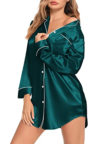 SWOMOG Women's Sexy Satin Nightshirt Long Sleeve Sleepshirt Silk Nightdress Button Down Pajama Top Deep Green