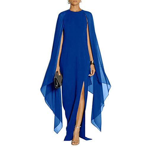 MAYFASEY Women's Elegant High Split Flared Sleeve Long Formal Evening Gown Dress with Cape Blue M