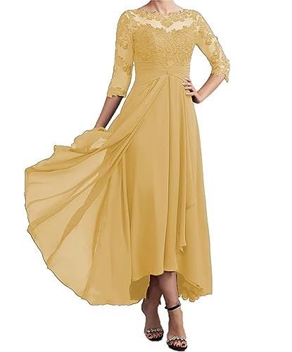 Ginger Women's Tea Length Chiffon Lace Mother of The Bride Dresses for Wedding 3/4 Sleeves Ruffles Evening Gowns 14