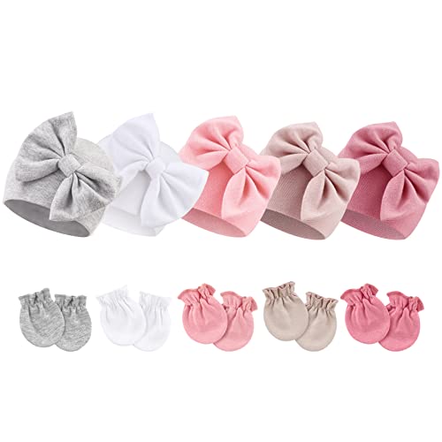 BQUBO Newborn Baby Girls Hats Mittens Set Hospital Hat Beanie Infant Bow Hats Baby Cotton Gloves No Scratch Mittens