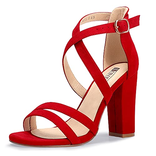 IDIFU Women's Chunky Heel Sandal Strappy Open Toe Ankle Strap Dress Shoes for Women Bridesmaid Ladies in Wedding Evening Homecoming Prom (Red Suede, 8 M US)