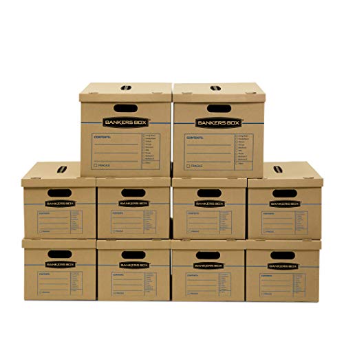 Bankers Box 10 Pack Kit, Classic Moving Boxes, 8 Small and 2 Medium Tape-Free with Reinforced Handles