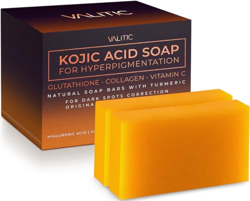 VALITIC Kojic Acid Soap for Hyperpigmentation - with Glutathione, Collagen & Vitamin C - Natural Soap Bars with Turmeric - Original Japanese Complex for Dark Spot Correction - 2 Pack