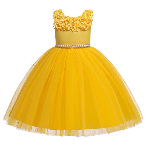 Glamulice Toddler Flower Girl Dress Vintage 3D Floral Embroidery Pearl Belt Sash Tulle Wedding Party Dresses Girl Pageant Formal Holiday Princess Evening Dance Gown Kids Christmas Ball Gown 7 8 Yellow