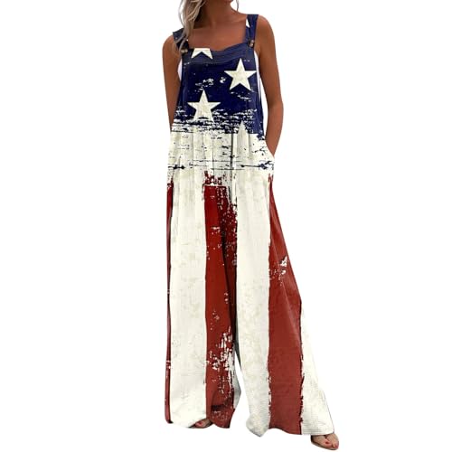 ADHOWBEW Lightening Deals, 4th Of July Romper for Women Summer Rompers for Women 2024 Casual Sleeveless Independence Day Rompers Jumpsuits Plus Size American Flag Overall Summer(C-Wine,Medium)