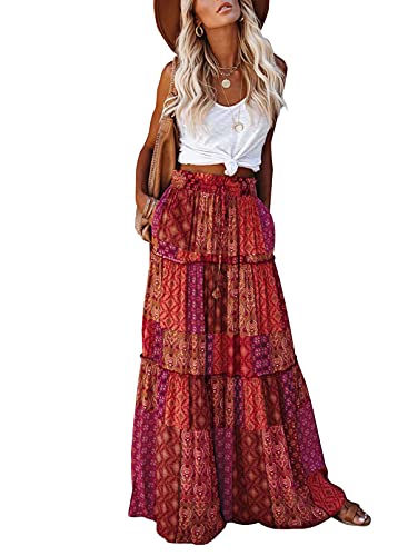 Happy Sailed Womens Retro Boho Printed High Waist Elastic Waist A Line Flowy Long Maxi Beach Skirts with Pockets Red Small