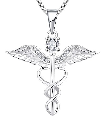 YL Caduceus Necklace 925 Sterling Silver Doctor Nurse Themed Pendant Cubic Zirconia Angel Wings Snake Jewelry for Women