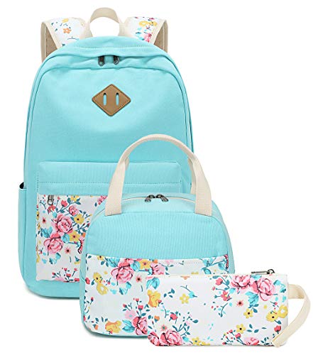 BTOOP School Backpacks for Teen Girls Bookbags Lightweight Canvas Backpack Schoolbag Set (Turquoise-Flower)