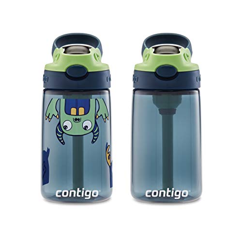 Contigo Aubrey Kids Cleanable Water Bottle with Silicone Straw and Spill-Proof Lid, Dishwasher Safe, 14oz 2-Pack, Blueberry & Monsters